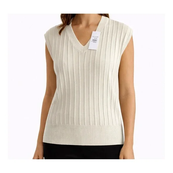 ANN TAYLOR NWT Ivory Ribbed V Neck Sweater Vest Soft Minimalist Capsule XL NEW - Picture 1 of 6